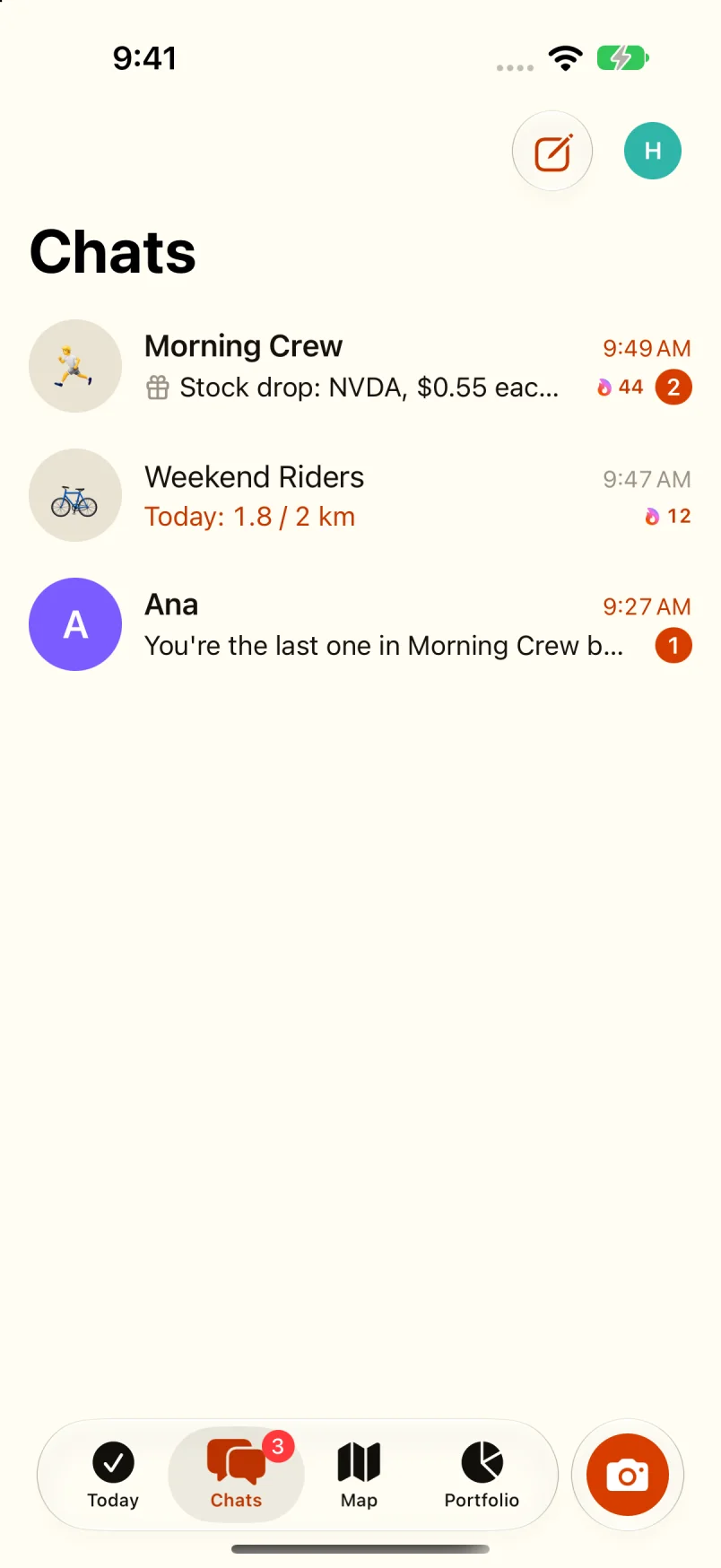 Chats: your groups and friends with the latest message