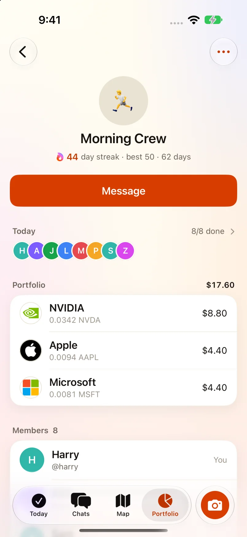 A group page: 44-day streak, who's done and the group's stock