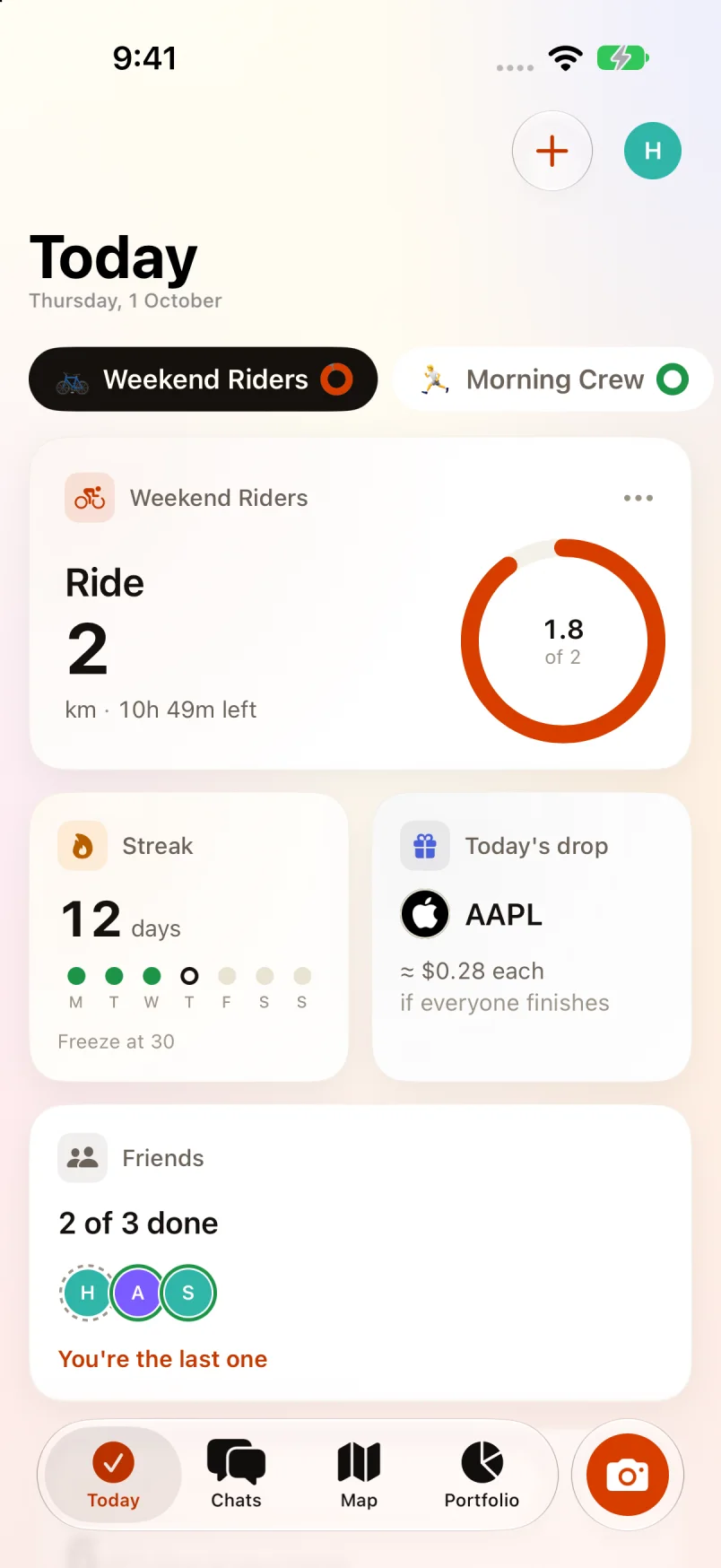 The Today screen: the group's ride, streak and today's stock drop